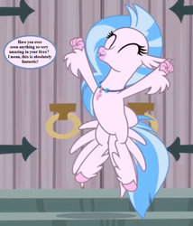 Size: 594x693 | Tagged: safe, edit, edited screencap, editor:korora, screencap, silverstream, classical hippogriff, hippogriff, g4, school daze, castle of the royal pony sisters, cropped, diastreamies, female, jewelry, necklace, reaction image, solo, text