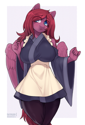 Size: 2660x3895 | Tagged: safe, artist:littlesheep, oc, oc only, oc:seraphic crimson, pegasus, anthro, anthro oc, breasts, clothes, female, hair over one eye, high res, maid, mare, milf, rule 63, simple background, solo