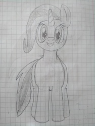 Size: 1944x2592 | Tagged: safe, artist:balticpagan, trixie, pony, unicorn, g4, female, graph paper, grayscale, lined paper, mare, monochrome, pencil drawing, simple background, solo, traditional art