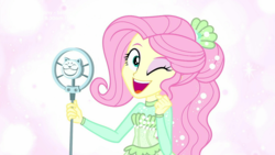 Size: 1280x720 | Tagged: safe, screencap, fluttershy, equestria girls, g4, my little pony equestria girls: better together, so much more to me, clothes, cute, female, looking at you, one eye closed, shyabetes, singing, solo, wink