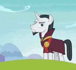 Size: 477x443 | Tagged: safe, screencap, chancellor neighsay, pony, unicorn, g4, school daze, animated, chains, cropped, eea seal, glowing horn, horn, magic, male, stallion