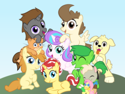 Size: 2000x1500 | Tagged: safe, artist:magerblutooth, fluttershy, pound cake, princess flurry heart, pumpkin cake, oc, oc:champ, oc:masquerade ball, oc:mayhem, oc:peppermint swirl, oc:tiger lily, oc:tree leaf, alicorn, cat, dog, earth pony, golden retriever, pegasus, pony, unicorn, fanfic:pound and pumpkin tales 2, g4, alternate mane six, fanfic, fanfic art, mane six opening poses, older, older flurry heart, older pound cake, older pumpkin cake, plushie