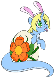 Size: 1007x1404 | Tagged: safe, artist:mynder, oc, oc only, oc:art's desire, lamia, monster pony, original species, pony, snake pony, unicorn, :p, bunny ears, cute, egg, female, mare, silly, simple background, solo, tongue flick, tongue out, transparent background