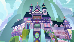 Size: 1920x1080 | Tagged: safe, screencap, g4, school daze, architecture, background, building, discovery family logo, mountain, no pony, ponyville, school of friendship, waterfall
