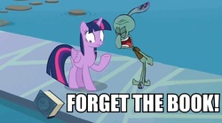 Size: 890x494 | Tagged: source needed, safe, edit, edited screencap, screencap, twilight sparkle, alicorn, pony, g4, school daze, season 8, book, caption, dying for pie, fuck your rulebook, male, spongebob squarepants, squidward tentacles, twilight sparkle (alicorn), water