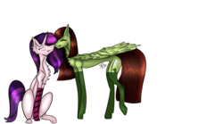 Size: 1440x800 | Tagged: safe, artist:tindracz, oc, oc only, oc:evening glitter, oc:white lilly, pegasus, pony, unicorn, icey-verse, blushing, chest fluff, clothes, cute, ear piercing, earring, evening lilly, eyes closed, female, goth, jewelry, magical lesbian spawn, mare, nuzzling, oc x oc, offspring, offspring shipping, parent:applejack, parent:starlight glimmer, parent:strawberry sunrise, parent:sunset shimmer, parents:applerise, parents:shimmerglimmer, piercing, shipping, simple background, socks, stockings, striped socks, suo, tattoo, thigh highs, transparent background