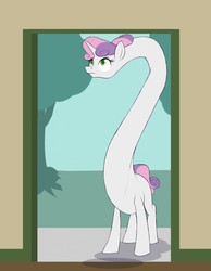 Size: 994x1280 | Tagged: safe, artist:astr0zone, sweetie belle, pony, unicorn, g4, bent over, doorway, female, impossibly long neck, long neck, necc, solo, sweetie giraffe, wat