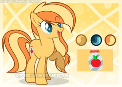 Size: 1024x735 | Tagged: safe, artist:sleppchocolatemlp, oc, oc only, oc:sweet apple, earth pony, pony, female, mare, offspring, parent:applejack, parent:caramel, parents:carajack, raised hoof, reference sheet, solo