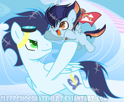 Size: 1024x841 | Tagged: safe, artist:sleppchocolatemlp, soarin', oc, pony, g4, base used, colt, daddy soarin', father and son, flag, holding a pony, male, offspring, parent:rainbow dash, parent:soarin', parents:soarindash