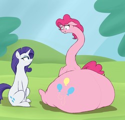 Size: 1280x1228 | Tagged: safe, artist:astr0zone, pinkie pie, rarity, earth pony, pony, unicorn, duo, fat, huge butt, impossibly large butt, impossibly long neck, large butt, long neck, morbidly obese, necc, nervous, not salmon, obese, unamused, wat
