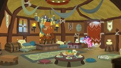 Size: 1920x1080 | Tagged: safe, screencap, pinkie pie, prince rutherford, earth pony, pony, yak, g4, school daze, baseball cap, cap, cloven hooves, cupcake, delivery, discovery family logo, female, food, hat, mare, pillow, throne, throne room, torch, treasure chest, yakyakistan