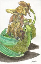 Size: 2522x3919 | Tagged: safe, artist:invalid-david, braeburn, oc, oc:rye, centaur, dragon, ponytaur, anthro, g4, anthro centaur, bondage, cowboy, dimar dragon, high res, lasso, mixed media, rodeo, rope, simple background, species swap, traditional art, watercolor painting