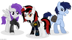 Size: 9700x5401 | Tagged: safe, artist:sgtsanttu, artist:suramii, oc, oc only, oc:blackjack, oc:morning glory (project horizons), oc:p-21, fallout equestria, fallout equestria: project horizons, absurd resolution, alternate hairstyle, bag, branded, clothes, dashite, dashite brand, pipbuck, raised hoof, saddle bag, simple background, transparent background, trio, vector