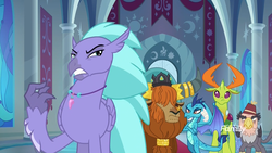 Size: 1920x1080 | Tagged: safe, screencap, grampa gruff, prince rutherford, princess ember, seaspray, thorax, changedling, changeling, classical hippogriff, dragon, griffon, hippogriff, yak, g4, school daze, canterlot castle, crossed arms, discovery family logo, king thorax, narrowed eyes, raised claw, sneer, suspicious, throne room
