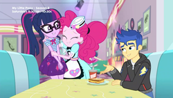 Size: 1366x768 | Tagged: safe, screencap, flash sentry, pinkie pie, sci-twi, twilight sparkle, equestria girls, g4, my little pony equestria girls: better together, pinkie pie: snack psychic, discussion in the comments, drama, just friends, server pinkie pie