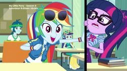 Size: 1280x720 | Tagged: safe, screencap, blueberry cake, captain planet, rainbow dash, sci-twi, twilight sparkle, equestria girls, equestria girls series, g4, the last day of school, fourth wall, geode of super speed, geode of telekinesis, magical geodes, sunglasses