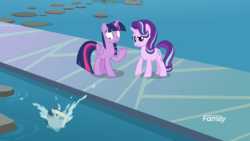 Size: 1920x1080 | Tagged: safe, screencap, starlight glimmer, twilight sparkle, alicorn, pony, unicorn, g4, school daze, book, book abuse, discovery family, discovery family logo, duo, eea rulebook, fuck the police, logo, twilight sparkle (alicorn), water