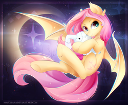 Size: 3748x3080 | Tagged: safe, artist:koveliana, fluttershy, bat pony, pony, rabbit, g4, chromatic aberration, crescent moon, cute, female, flutterbat, flying, high res, looking at you, mare, moon, plushie, race swap, shyabates, shyabetes, smiling, solo, transparent moon