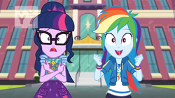 Size: 1920x1080 | Tagged: safe, screencap, rainbow dash, sci-twi, twilight sparkle, equestria girls, equestria girls series, g4, the last day of school, book, canterlot high, duo, female, geode of super speed, looking at you, magical geodes, school