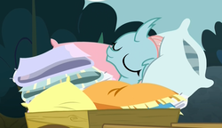 Size: 1396x802 | Tagged: safe, screencap, ocellus, changedling, changeling, g4, school daze, bed bug, blanket, comfy, cuddly, cute, cuteling, daaaaaaaaaaaw, diaocelles, eyes closed, female, pillow, sleeping, smiling, snug, solo, that changeling sure does love pillows, wagon