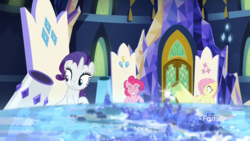 Size: 1920x1080 | Tagged: safe, screencap, fluttershy, pinkie pie, rarity, earth pony, pegasus, pony, unicorn, g4, school daze, cannon, cutie map, discovery family, discovery family logo, friendship throne, logo, party cannon, throne room, twilight's castle