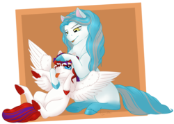 Size: 1800x1288 | Tagged: safe, artist:ganashiashaka, oc, oc only, oc:sapphira, earth pony, pegasus, pony, colored hooves, female, mare, noogie, siblings, simple background, transparent background