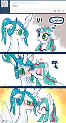 Size: 700x1300 | Tagged: safe, artist:mirululu, queen chrysalis, oc, oc:turquiose scale, pony, g4, ask, blushing, canon x oc, duo, female, heart, kissing, lesbian, smiling, tumblr