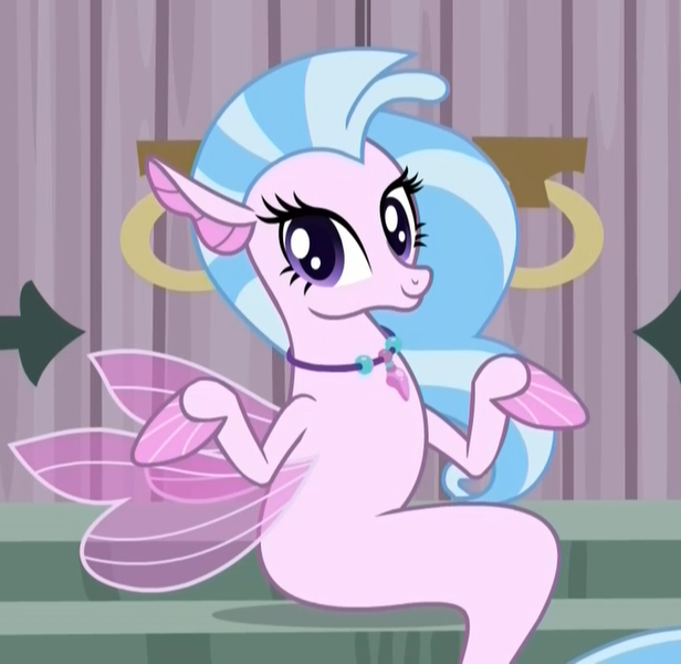 1689620 - safe, screencap, silverstream, seapony (g4), school daze, castle  of the royal pony sisters, cropped, cute, diastreamies, door, female,  jewelry, looking at you, necklace, seapony silverstream, shrug, shrugpony,  sitting, solo, that