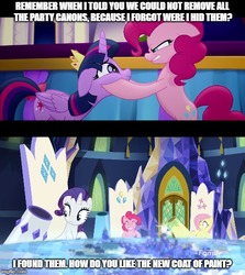 Size: 500x560 | Tagged: safe, edit, edited screencap, screencap, fluttershy, pinkie pie, rarity, twilight sparkle, alicorn, earth pony, pony, unicorn, castle sweet castle, g4, my little pony: the movie, school daze, consequences, continuity, discovery family, discovery family logo, logo, party cannon, squishy cheeks, twilight sparkle (alicorn)
