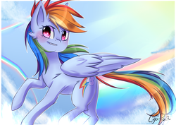 Size: 4092x2893 | Tagged: safe, artist:wolfchen999, rainbow dash, pony, g4, cloud, female, flying, mare, multicolored hair, smiling, solo, speedpaint available