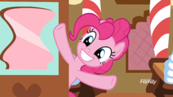 Size: 1920x1080 | Tagged: safe, screencap, pinkie pie, earth pony, pony, g4, school daze, season 8, big grin, big smile, blue eyes, curly hair, curly mane, cute, diapinkes, discovery family, discovery family logo, door, female, grin, happy, logo, mare, pink body, pink coat, pink fur, pink hair, pink mane, pink pony, smiling, solo, sugarcube corner