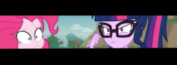 Size: 1957x720 | Tagged: safe, composite screencap, edit, edited screencap, screencap, pinkie pie, sci-twi, twilight sparkle, equestria girls, friendship math, g4, my little pony equestria girls: better together, beach, female, glasses, panorama, ponytail, sweat