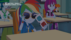 Size: 1280x720 | Tagged: safe, screencap, captain planet, golden hazel, mystery mint, rainbow dash, equestria girls, equestria girls series, g4, the last day of school, 3d glasses, background human, geode of super speed, glasses, magical geodes, sunglasses