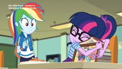 Size: 1280x720 | Tagged: safe, screencap, rainbow dash, sci-twi, twilight sparkle, equestria girls, equestria girls series, g4, the last day of school, :3, book, bookhorse, female, geode of super speed, magical geodes, that girl sure does love books, that pony sure does love books, x3