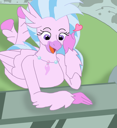 Size: 1700x1852 | Tagged: safe, artist:final7darkness, silverstream, classical hippogriff, hippogriff, g4, school daze, season 8, female, heart, open mouth, solo, starry eyes, that hippogriff sure does love stairs, wingding eyes