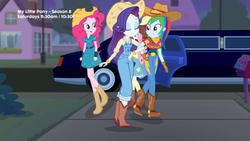 Size: 1366x768 | Tagged: safe, screencap, pinkie pie, rainbow dash, rarity, equestria girls, equestria girls series, five to nine, g4, clothes, cowgirl, cowgirl outfit, female, implied raridash, limousine, rarihick, shipping fuel