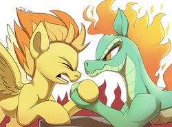 Size: 1200x890 | Tagged: safe, artist:tsitra360, spitfire, tianhuo (tfh), longma, pegasus, pony, them's fightin' herds, g4, arm wrestling, community related, crossover, duo, eyes closed, gritted teeth, mane of fire, simple background, spread wings, straining, white background, wings