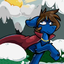 Size: 1000x1000 | Tagged: safe, artist:razzlespup, oc, oc only, oc:bizarre song, cape, clothes, floppy ears, messy mane, mountain, raised hoof, snow, walking