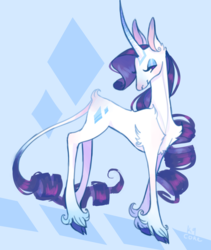 Size: 2697x3200 | Tagged: safe, artist:k9core, rarity, classical unicorn, pony, unicorn, g4, abstract background, butt fluff, chest fluff, cloven hooves, curved horn, cutie mark, ear fluff, eyeshadow, female, high res, hoof fluff, horn, leonine tail, lidded eyes, looking at you, makeup, mare, no pupils, shoulder fluff, smiling, solo, unshorn fetlocks