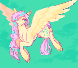Size: 3000x2626 | Tagged: safe, artist:k9core, fluttershy, pegasus, pony, g4, cutie mark, female, flower, flower in hair, flying, high res, simple background, solo, spread wings, unshorn fetlocks, wings