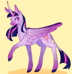 Size: 2593x2663 | Tagged: safe, artist:k9core, twilight sparkle, alicorn, pony, g4, curved horn, cutie mark, female, high res, horn, leonine tail, raised hoof, simple background, smiling, solo, twilight sparkle (alicorn), wings, yellow background