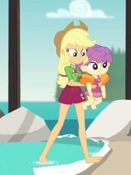 Size: 282x377 | Tagged: safe, screencap, applejack, water lily (g4), equestria girls, g4, my little pony equestria girls: better together, turf war, baby, background human, barefoot, belly button, clothes, cropped, feet, female, geode of super strength, lifeguard applejack, magical geodes, shorts, swimming trunks, water