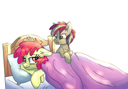 Size: 3380x2340 | Tagged: safe, artist:dreamscapevalley, apple bloom, oc, oc:ruth, earth pony, pony, g4, bags under eyes, bed, colt, female, freckles, high res, male, mother and son, offspring, older, older apple bloom, parent:apple bloom, simple background, white background