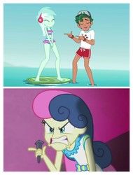Size: 3106x4096 | Tagged: safe, edit, edited screencap, screencap, bon bon, lyra heartstrings, sweetie drops, timber spruce, all's fair in love & friendship games, equestria girls, g4, my little pony equestria girls: better together, turf war, angry, bon bon is not amused, comparison, female, gritted teeth, implied lesbian, implied lyrabon, implied shipping, jealous, lifeguard timber, male, pointing, timberstrings, unamused
