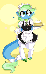 Size: 2330x3700 | Tagged: safe, artist:fullmetalpikmin, oc, oc only, oc:campfire, dracony, hybrid, anthro, bow, claws, clothes, frilly, gloves, heart, high res, horns, maid, socks, solo, standing, tail, tissue, tissue box