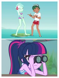 Size: 3106x4096 | Tagged: safe, edit, edited screencap, screencap, lyra heartstrings, sci-twi, timber spruce, twilight sparkle, equestria girls, g4, my little pony equestria girls: better together, turf war, unsolved selfie mysteries, clothes, comparison, lifeguard timber, shipping, side chick, swimsuit, timberstrings
