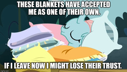 Size: 870x499 | Tagged: safe, edit, edited screencap, screencap, ocellus, changedling, changeling, g4, school daze, bed bug, blanket, cart, cozy, cute, diaocelles, eyes closed, female, image macro, meme, pillow, smiling, solo, that changeling sure does love pillows