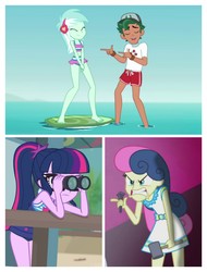 Size: 3106x4096 | Tagged: safe, edit, edited screencap, screencap, bon bon, lyra heartstrings, sci-twi, sweetie drops, timber spruce, twilight sparkle, all's fair in love & friendship games, equestria girls, g4, my little pony equestria girls: better together, turf war, unsolved selfie mysteries, angry, bon bon is not amused, clothes, comparison, female, lesbian, lifeguard timber, male, ship:lyrabon, shipping, side chick, straight, swimsuit, timberstrings, timbertwi, unamused
