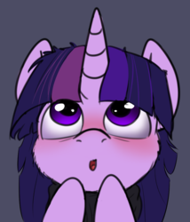 Size: 849x990 | Tagged: safe, artist:duop-qoub, twilight sparkle, alicorn, pony, descended twilight, g4, :d, blushing, bust, clothes, cute, female, gray background, happy, looking up, mare, open mouth, raised hoof, scarf, simple background, solo, twiabetes, twilight sparkle (alicorn), wide eyes