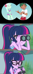 Size: 722x1600 | Tagged: safe, edit, edited screencap, screencap, lyra heartstrings, sci-twi, timber spruce, twilight sparkle, equestria girls, g4, my little pony equestria girls: better together, turf war, unsolved selfie mysteries, binoculars, clothes, female, geode of telekinesis, implied shipping, jealous, lifeguard timber, magical geodes, male, romantic jealousy, shipping, side chick, straight, swimsuit, timberstrings, timbertwi, unhappy